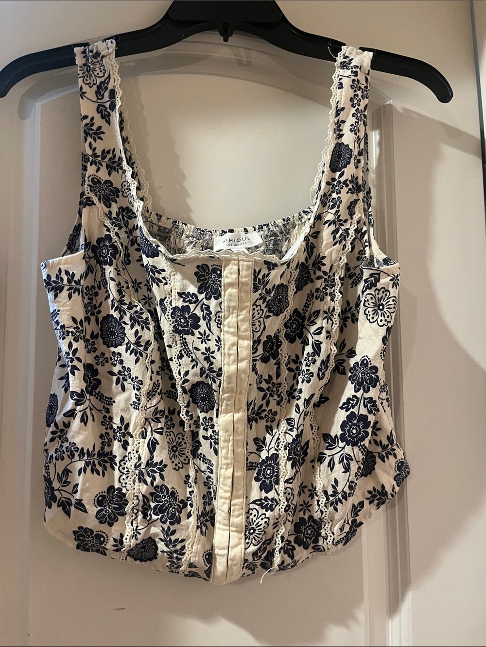 Floral Lace-Trim Crop Top in Cream and Navy